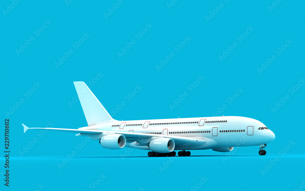 White airplane Airbus A380 ready to take-off isolated on blue background. Right side view. 3D illustration.