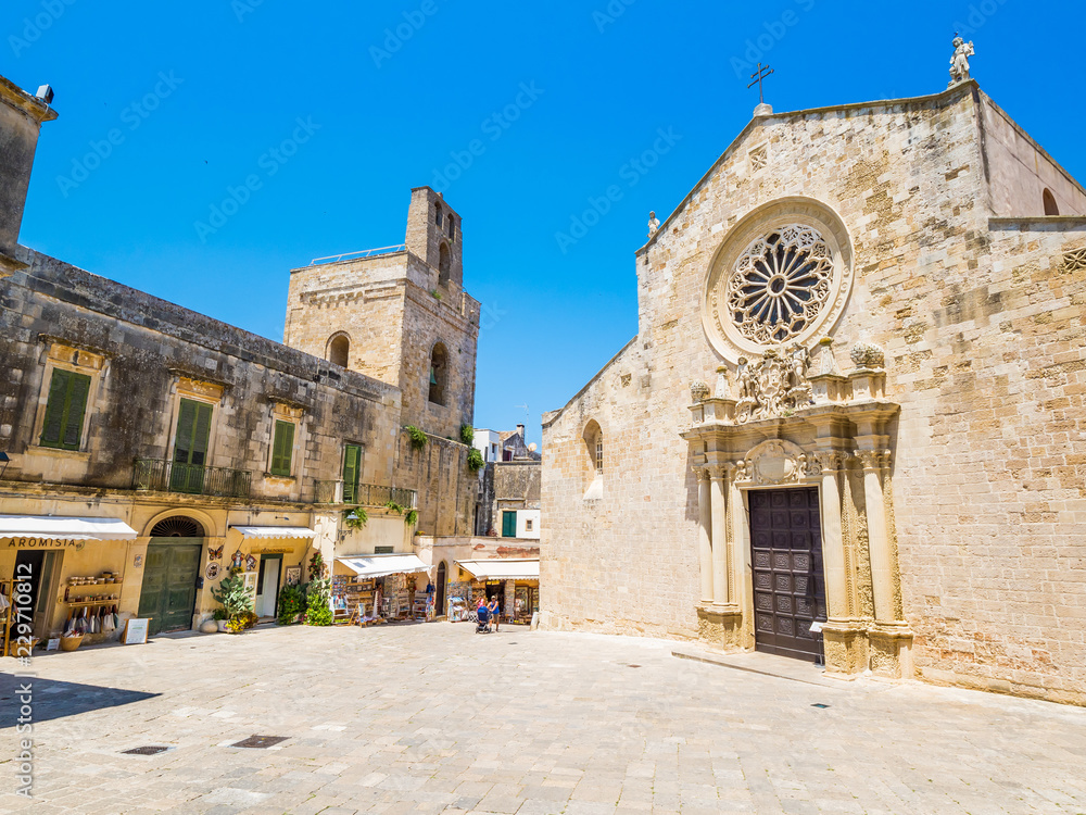 Otranto, Apulia, Italy - Jul 09, 2018: The medieval Cathedral in the historic center of Otranto, coastal town of Greek-Messapian origins in Italy, a fertile region once famous for its breed of horses