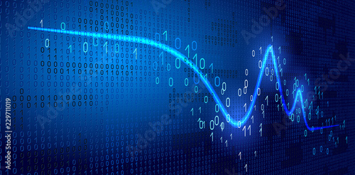 Neon wave graph against binary code background