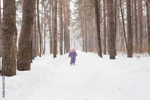 Childhood and nature concept - Adorable child playing in winter park