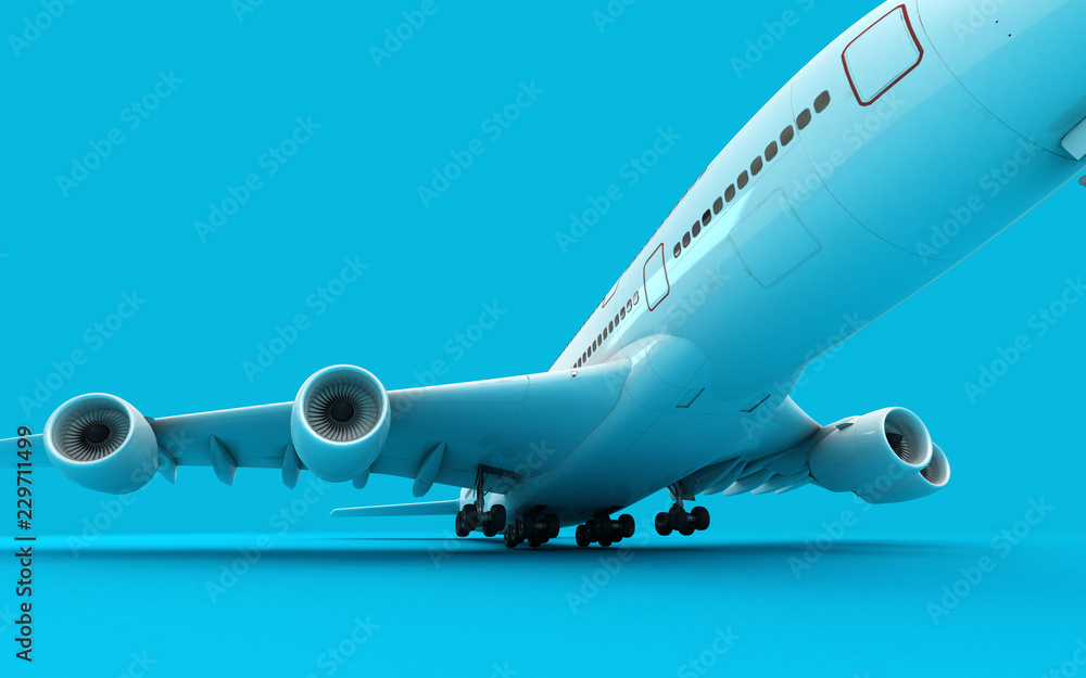 White airplane Airbus A380 takes off. Isolated on blue background. Close-up. Front view. Bottom view. Perspective. 3D illustration.