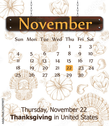 Thanksgiving Day calendar Vector. Turkey, pumpkins background lineart detaile...