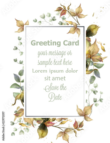 Greeting card frame with autumn leaves Vector. Simple modern beautiful design...