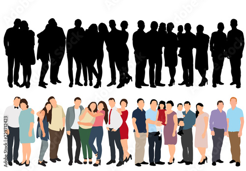 isolated, silhouette people stand in a group, crowd