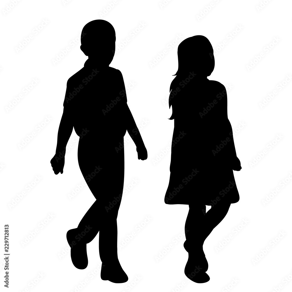 vector, isolated, silhouette little girl and boy