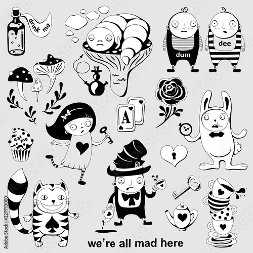 Set of  characters of Wonderland. Alice in Wonderland, White rabbit, Mad Hatter, Caterpillar, Tweedledum and Tweedledee.. Playing cards, pocket watch, key, cup and poison. Vector posters,illustration
