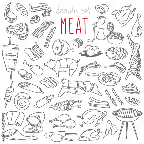 Meat doodles set. Hand drawn vector illustration isolated on white background
