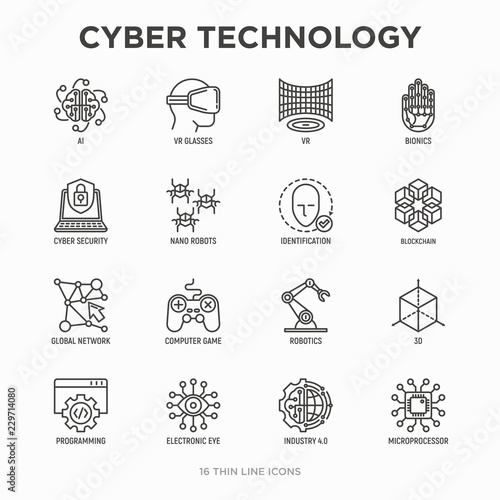 Cyber technology thin line icons set: ai, virtual reality glasses, bionics, robotics, global network, computer game, microprocessor, nano robots, blockchain, electronic eye. Vector illustration.