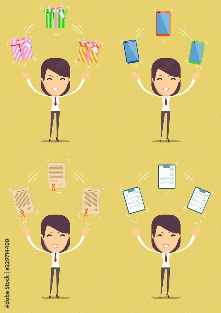 Woman with different objects. Vector illustration flat design. Isolated on background. Woman with different objects. Vector illustration flat design. Isolated on background.