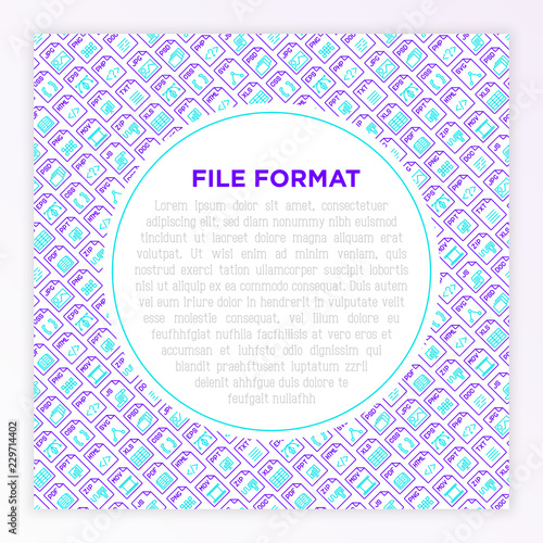 File formats concept with thin line icons: doc, pdf, php, html, jpg, png, txt, mov, eps, zip, css, js. Modern vector illustration, print media template.