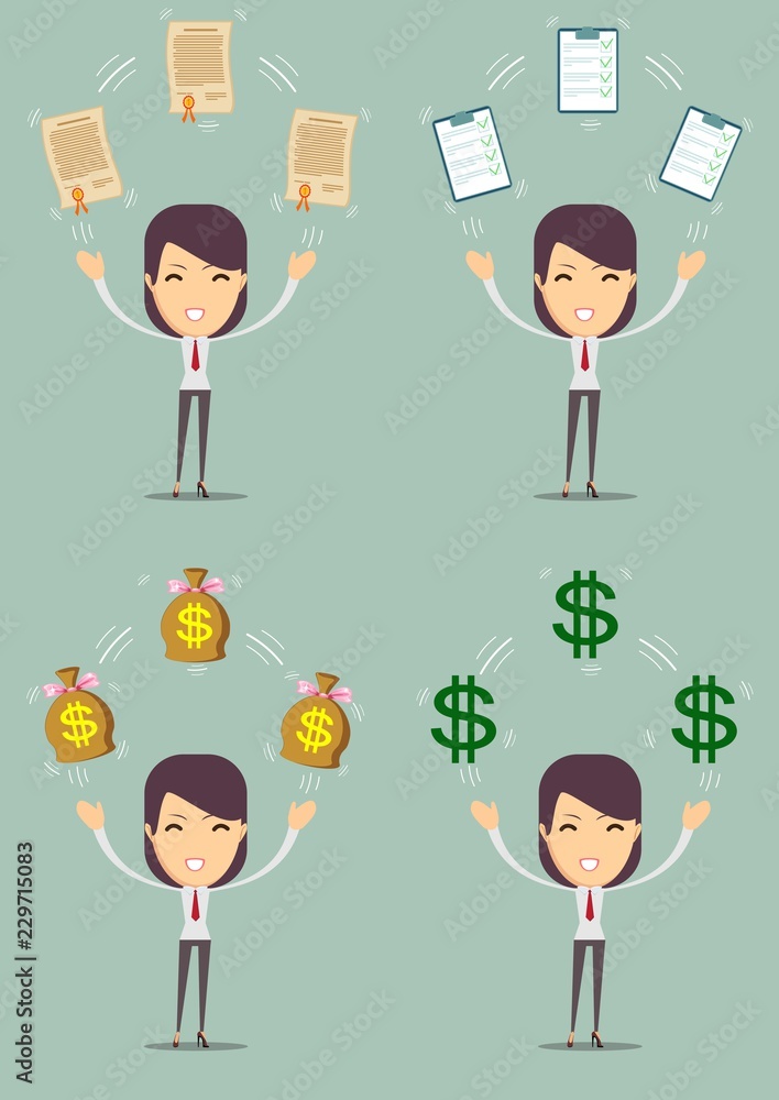 Woman with different objects. Vector illustration flat design. Isolated on background. Woman with different objects. Vector illustration flat design. Isolated on background.
