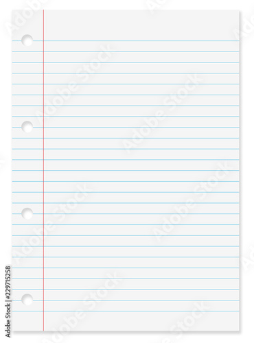 Blank lined white paper sheet from notebook background with blue lines, margin, holes and drop shadow with copy space.
