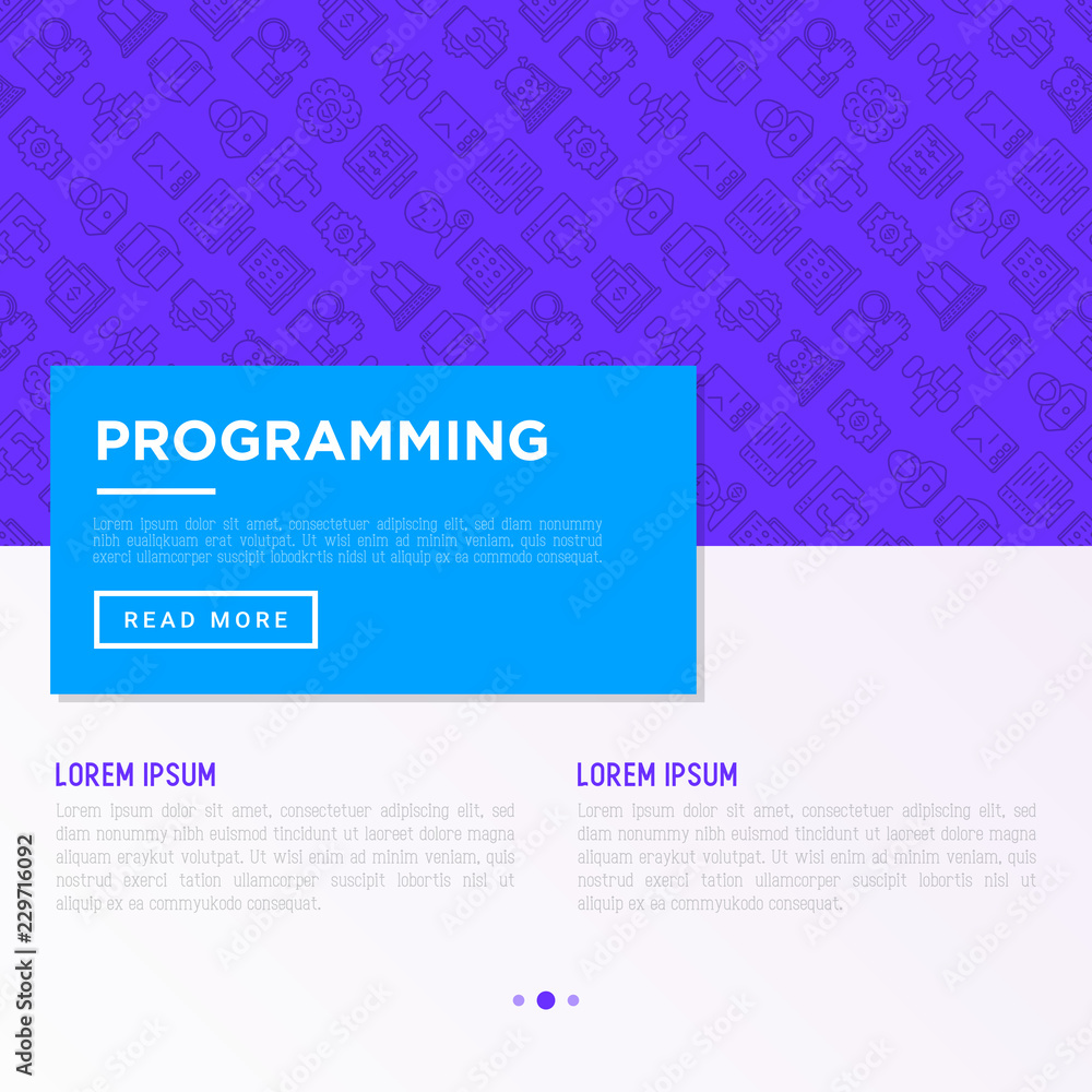 Fototapeta premium Programming concept with thin line icons: developer, code, algorithm, technical support, program setup, porting, compilation, app testing, optimization. Vector illustration, print media template.
