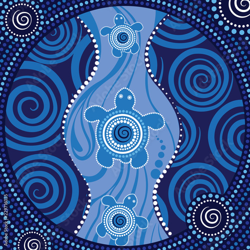Aboriginal dot art vector painting with turtle.