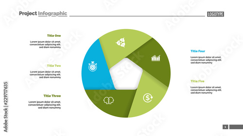 Donut chart with five sections. Infochart, swot analysis, slide template. Reference data concept. Can be used for presentations, layouts, reports