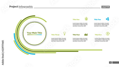 Doughnut chart slide template with five options. Business data. Diagram, comparison, design. Creative concept for infographic, presentation, report. For topics like progress, marketing, analysis