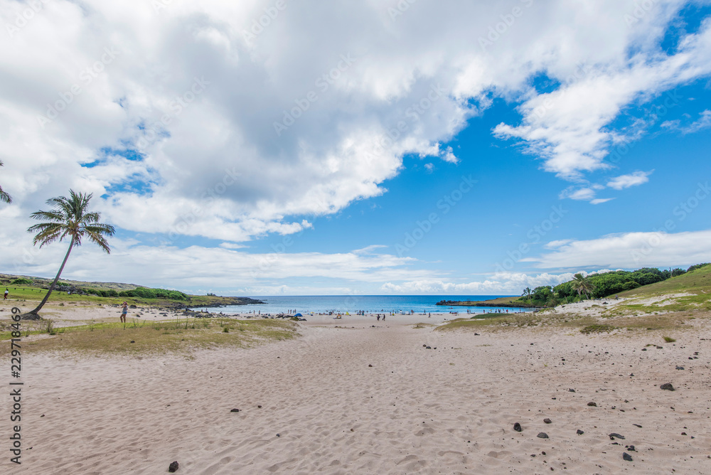 Veduta completa della bella spiaggia di Anakena Veduta completa della bella spiaggia di Anakena