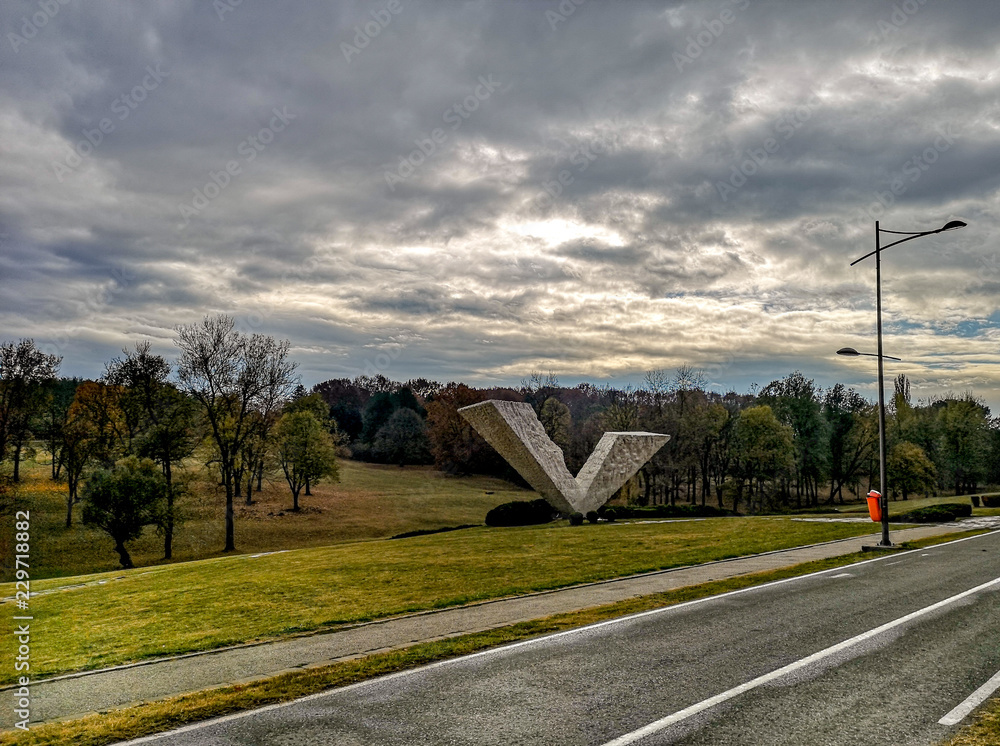Beautiful autumn landscape in the park after rain with amazing colors. Memorial park Sumarice, Kragujevac, Serbia.