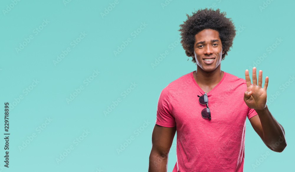 Afro american man over isolated background showing and pointing up with fingers number four while smiling confident and happy. Afro american man over isolated background showing and pointing up with fingers number four while smiling confident and happy.
