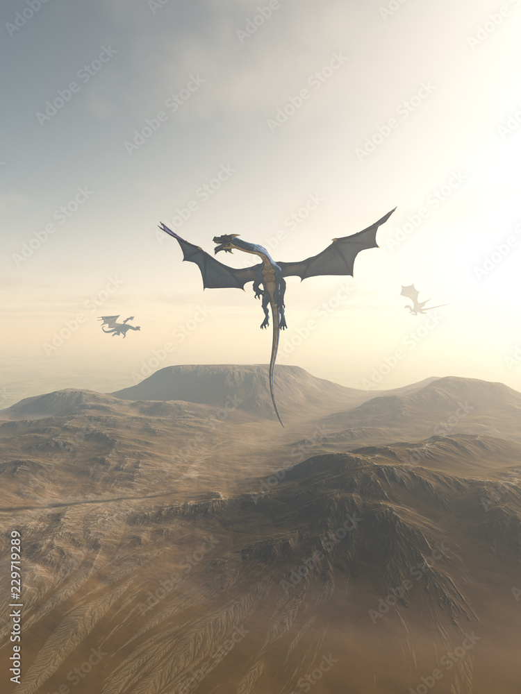 Obraz premium Smoki okrążające górski krajobraz - ilustracja fantasy