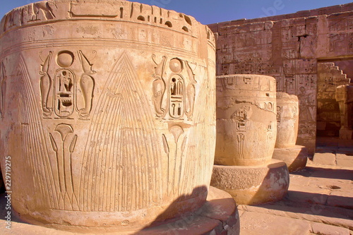 Hieroglyphs and columns at Medinet Habu temple in Luxor, Egypt