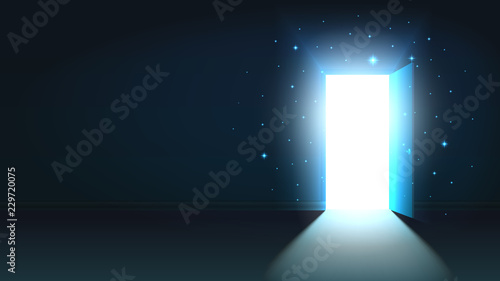 Light from the open door of a dark room  abstract mystical shining exit  background  open door template  mock up