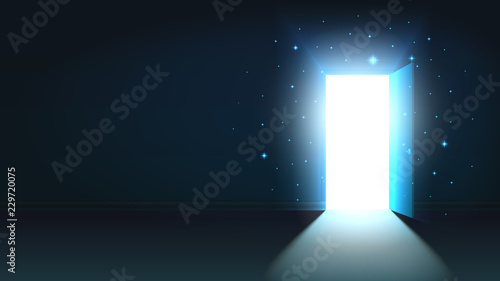 Light from the open door of a dark room, abstract mystical shining exit, background, open door template, mock up