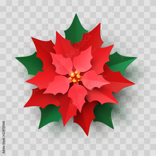 Vector Red Christmas Poinsettia Flower in paper cut style isolated on transparent background. New year paper craft symbol, Christmas star flower