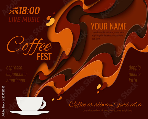 Coffee menu design - paper cut style poster for coffee shop, cafe or restaurant. Vector paper craft vintage coffee aroma background, banner, advertisement flyer