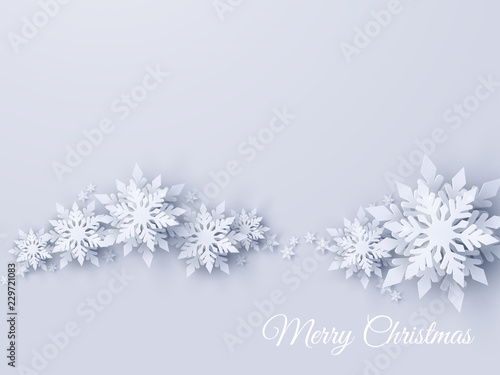 Vector Merry Christmas and Happy New Year greeting card design with wave made of 3d white realistic layered paper cut snowflakes. Seasonal Christmas and New Year holidays paper art template background