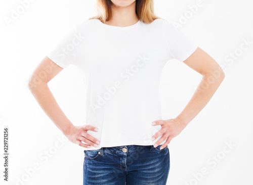 cropped portrait woman in white t-shirt isolation on white background, blank,copy space