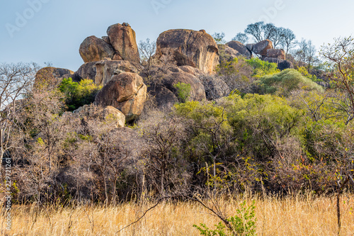 Balancing rocks in Matobo National Park  Zimbabwe  formed by millions of years of weathering. September 11  2016.