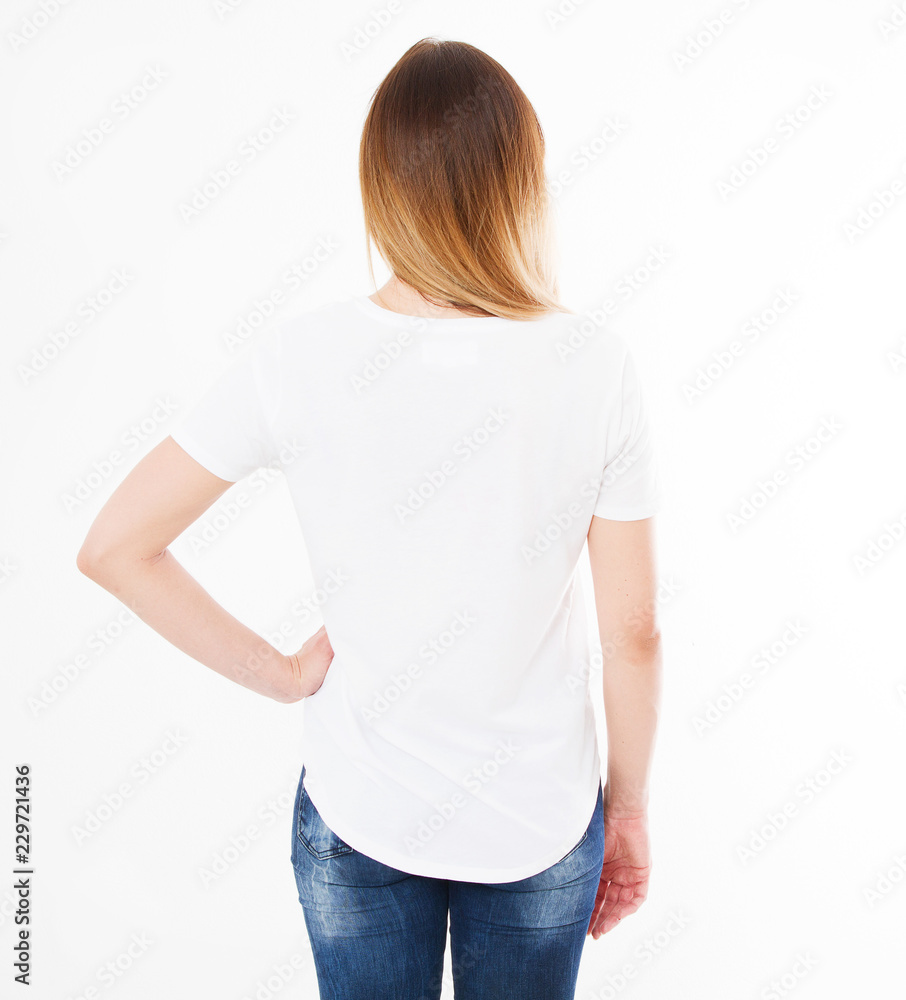 back view girl,woman in white t-shirt isolation on white background, blank,copy space back view girl,woman in white t-shirt isolation on white background, blank,copy space
