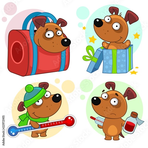 Set of cartoon icons for kids and dogs design. A puppy in a carrying bag, a surprise comes out of a gift box, keeps a thermometer in a hat and a scarf, is sick and holds a potion.