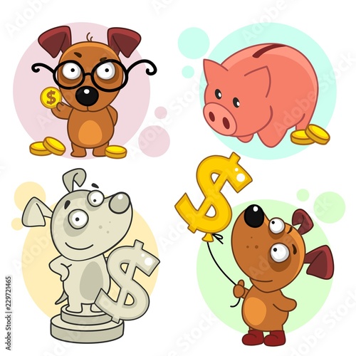 Set of cartoon icons for kids and dogs design. A puppy scientist in glasses stands with coins, a pig piggy bank, with a gold dollar, with a balloon and a monument in the form of a dog.