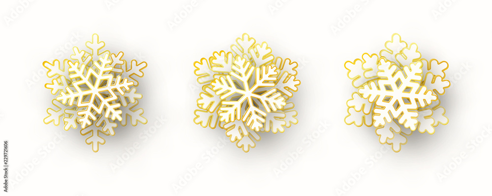 Vector set of 3 white and gold Christmas paper cut 3d snowflakes with ...