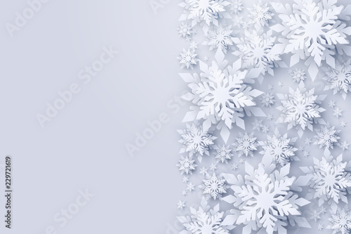 Vector Merry Christmas and Happy New Year greeting card design with frame made of 3d white realistic layered paper cut snowflakes. Seasonal Christmas and New Year holidays paper template background