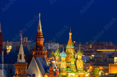 Panoramic view of the Red Square with Moscow Kremlin and St Basil's Cathedral in the night with blue sky, Moscow, Russia