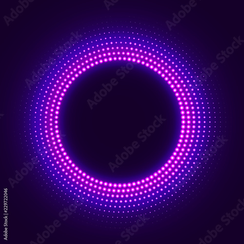 Abstract disco background with neon glowing circle halftone ornament. Template retro background with glitter dotted pattern. Vintage cover decorative vector design element.
