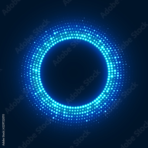 Abstract disco background with neon glowing circle halftone ornament. Template retro background with glitter dotted pattern. Vintage cover decorative vector design element.