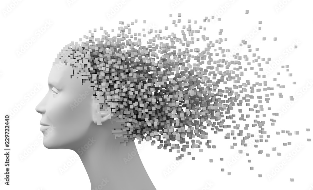 Head Of Woman And 3D Pixels As Hair Isolated On White Background Head Of Woman And 3D Pixels As Hair Isolated On White Background