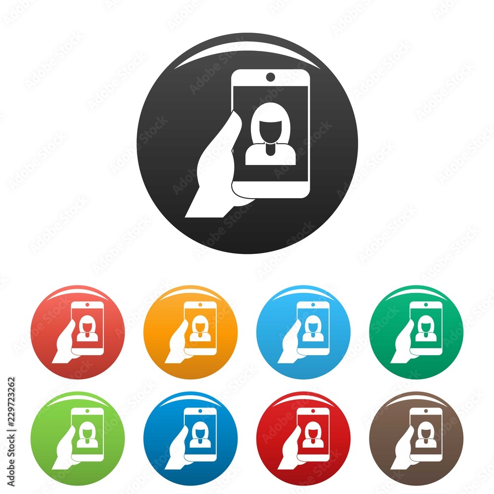 Woman take selfie smartphone icons set 9 color vector isolated on white for any design Woman take selfie smartphone icons set 9 color vector isolated on white for any design