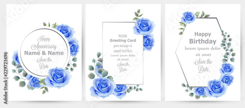 Watercolor blue rose flowers cards set collection Vector. Vintage greeting ca...
