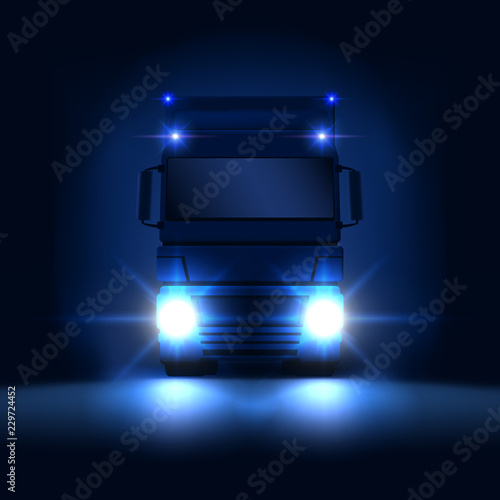 Night big semi truck with bright headlights and dry van semi riding on the dark night background front view, vector illustration