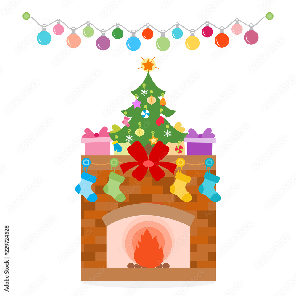 New Year Fireplace, Christmas tree, gifts, garland