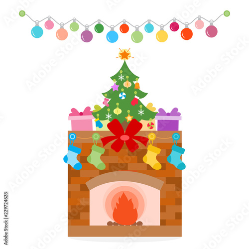 New Year Fireplace  Christmas tree  gifts  garland