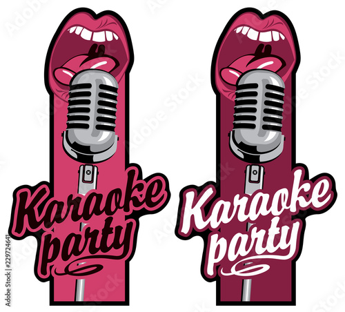 Set of two vector stickers for karaoke party with calligraphic inscription, a microphone and a mouth that sings