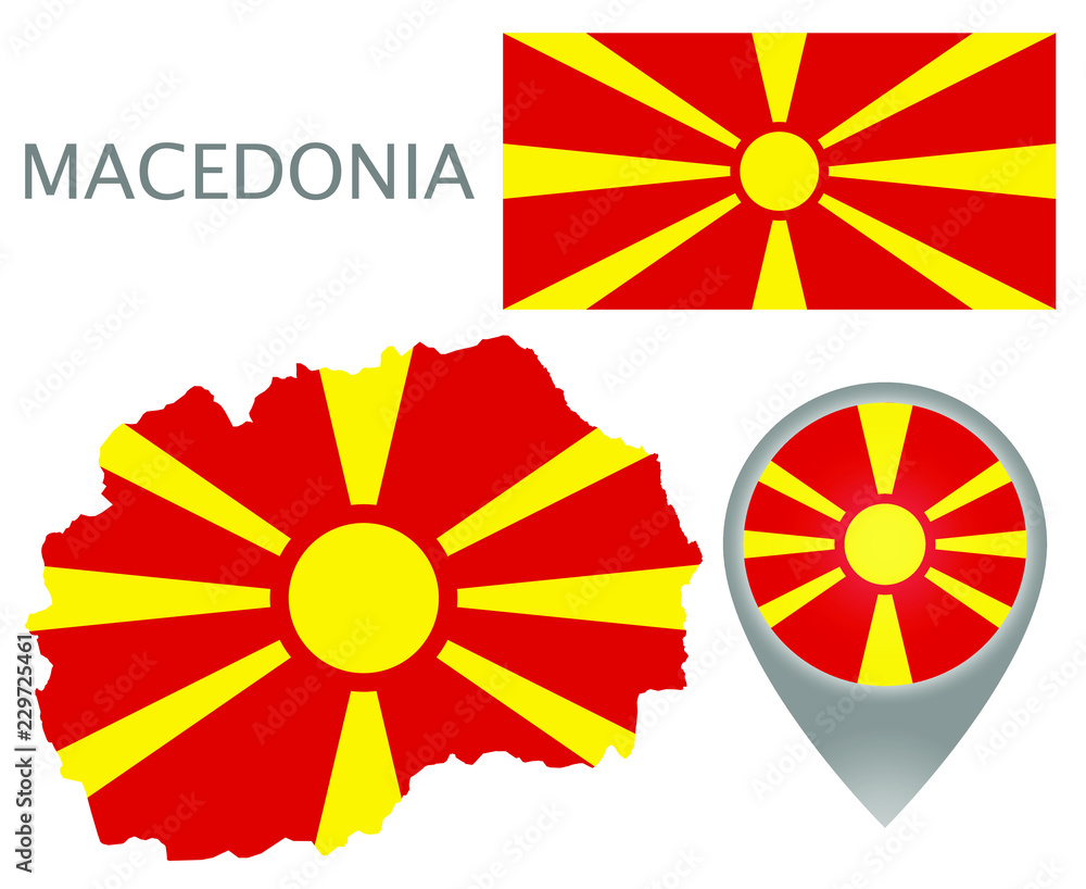 Colorful flag, map pointer and map of Macedonia in the colors of the Macedonian flag. High detail. Vector illustration Colorful flag, map pointer and map of Macedonia in the colors of the Macedonian flag. High detail. Vector illustration