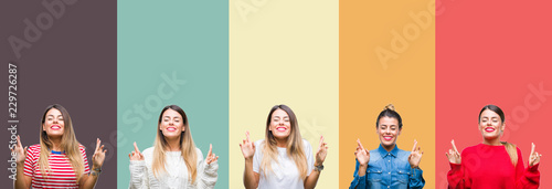 Collage of young beautiful woman over colorful vintage isolated background smiling crossing fingers with hope and eyes closed. Luck and superstitious concept.