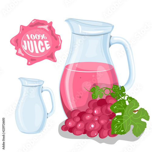 Vector set of natural fresh grapes jar in bank and grapes isolated on white. Healthy organic fruit drink, cocktail, lemonade for healthy life,